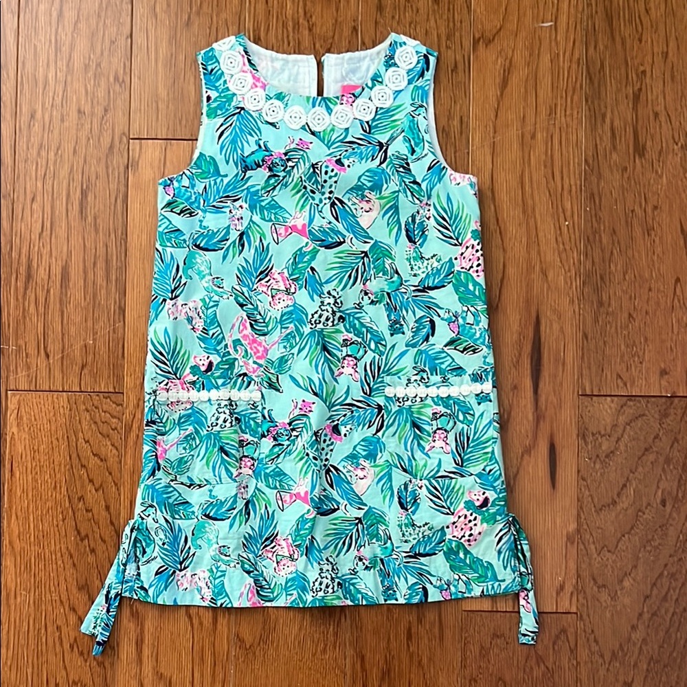 Lilly Pulitzer Aqua Tropical Leaf & Pink Floral Girls Dress